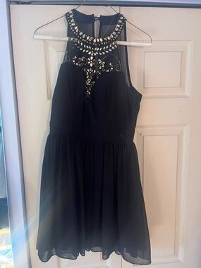 Embellished Black Mini Dress with High Neck